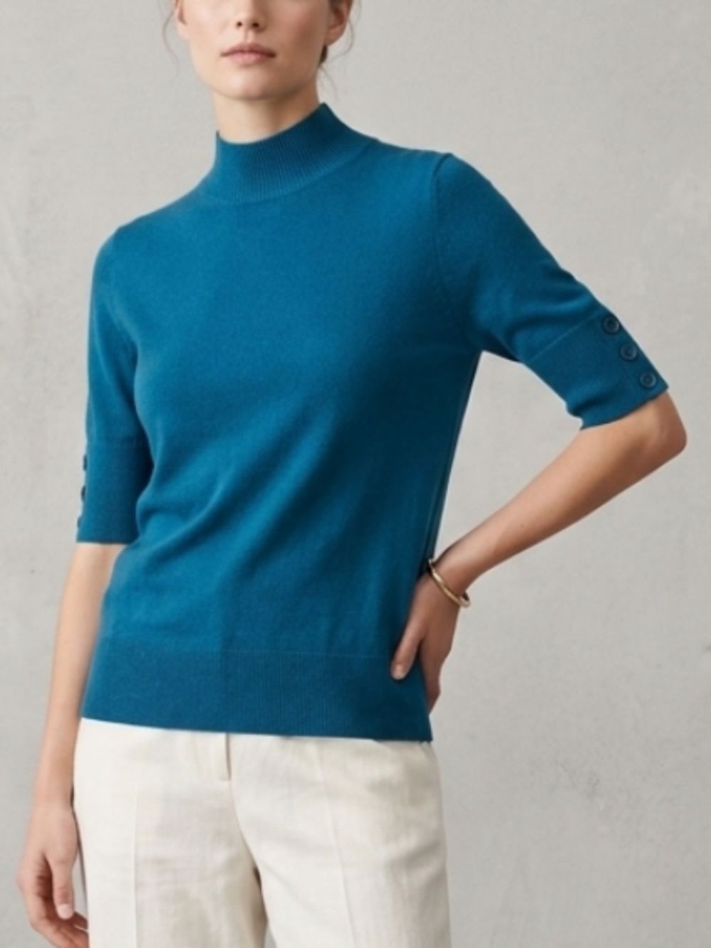 Ecru Wool Blend 1/2 Sleeve Teal Sweater  (M)